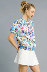 Umgee Retro Floral Puff Sleeve Top OutfitFlow
